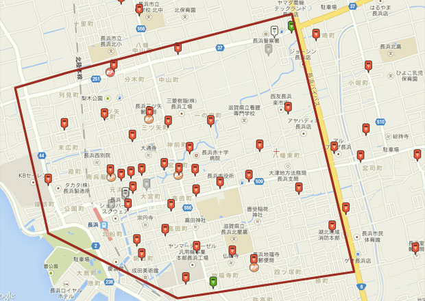 長浜市のポストが配置されている地図