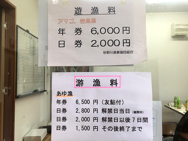 杉野川の渓流釣りの遊漁料