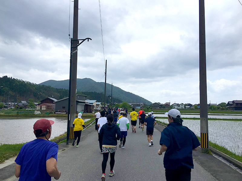 一斉にスタート！田んぼ道を琵琶湖に向かって走ります。